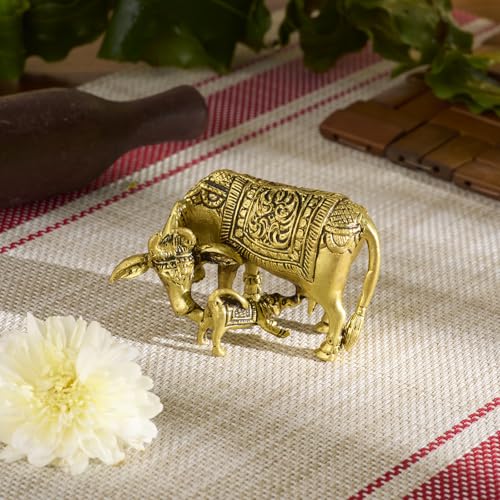 ESPLANADE Brass Kamadhenu Kamdhenu Cow with Calf Idol, Small 2" Murti, Vastu Decor for Wealth, Health, Peace & Happiness Detailing & Light Weight