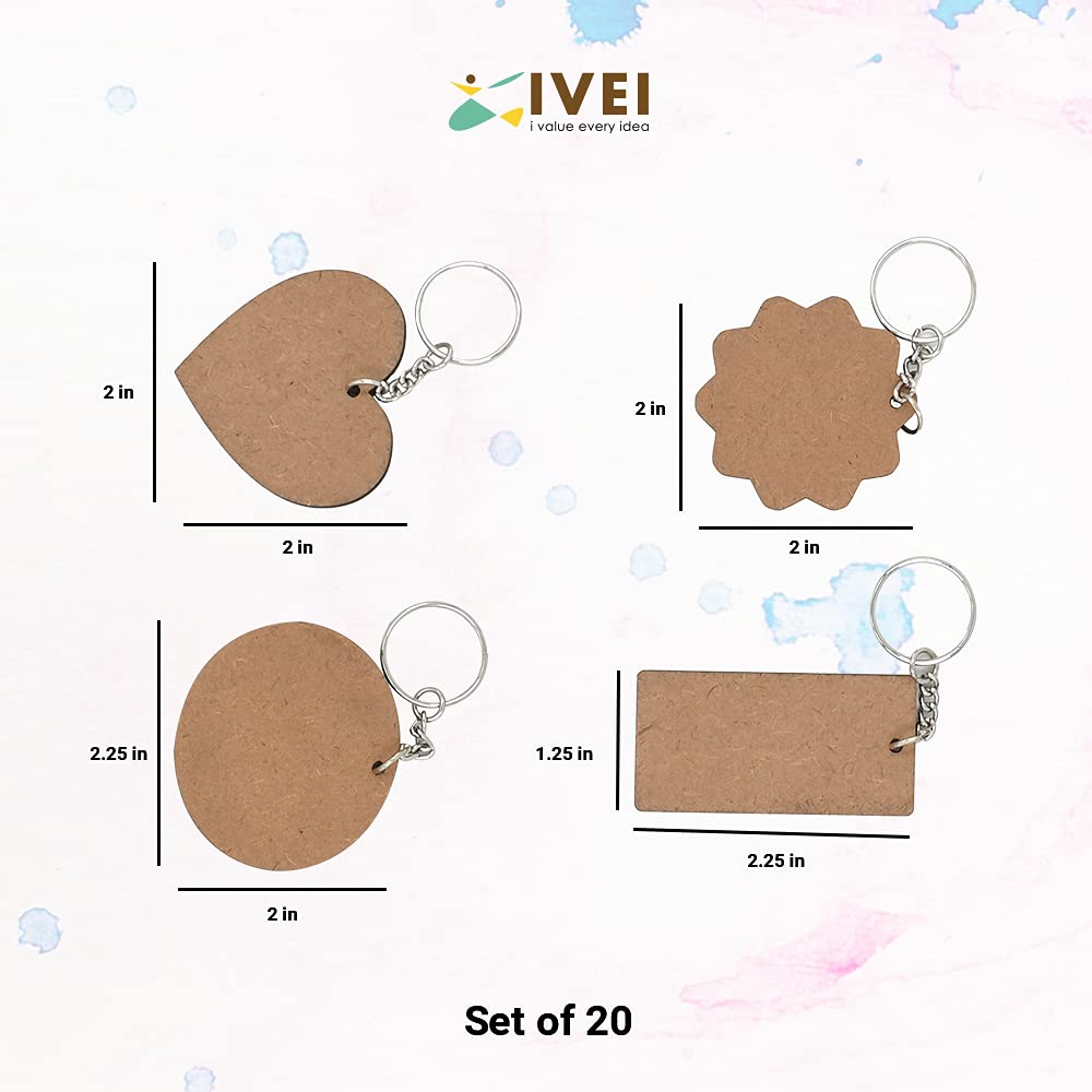 IVEI DIY MDF Key Chains Wood Sheet Craft - MDF Plain Square Shaped Key Chains for Painting Wooden Sheet Craft - Set of 20-2 in X 2 in for Decoupage MDF Plains, Resin Artwork & Decoration (Multi-shaped)