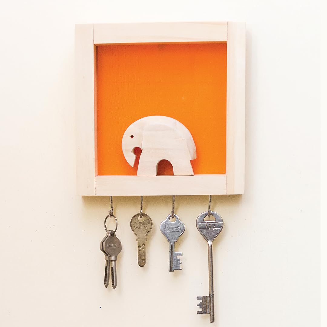 ESPLANADE Wooden Key Holder Handcrafted Hand-Spun Khadi Key Holder - Compact Decorative Elephant Design Wall Hooks in Orange - Made by Artisans