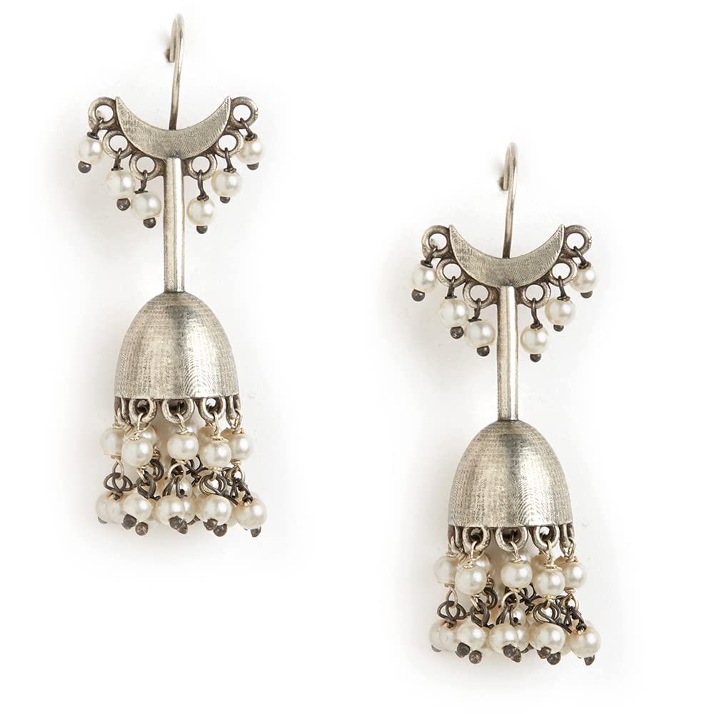 Binnis wardrobe Dual-Toned textured long Jhumka with hanging pearl handcrafted earrings