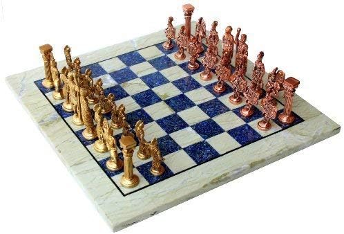 StonKraft Collectible Australian Marble and Lapis Lazuli Chess Board Set + Brass Roman Chess Pieces Pawns - Decorative Stone Chess - 15" Inches