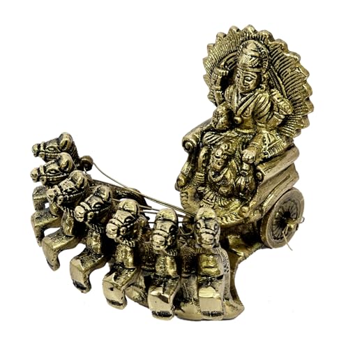 ESPLANADE Brass Surya Rath with Seven Horses – 3.5 Inch, Sun God Chariot Figurine for Mandir, Home Décor, Handcrafted Solid Brass Surya Dev Statue