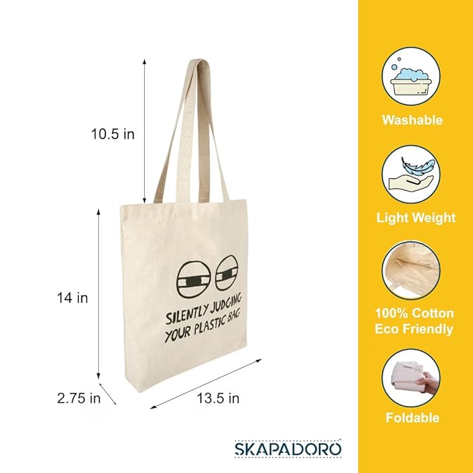 SKAPADORO Tote Bag 100% Cotton, Natural Ecofriendly Basic Canvas Bag for Travel, College, Beach, Shopping, Grocery, Vegetable Bag - Sun/Beach; Judging Plastic Bag & Origami Design