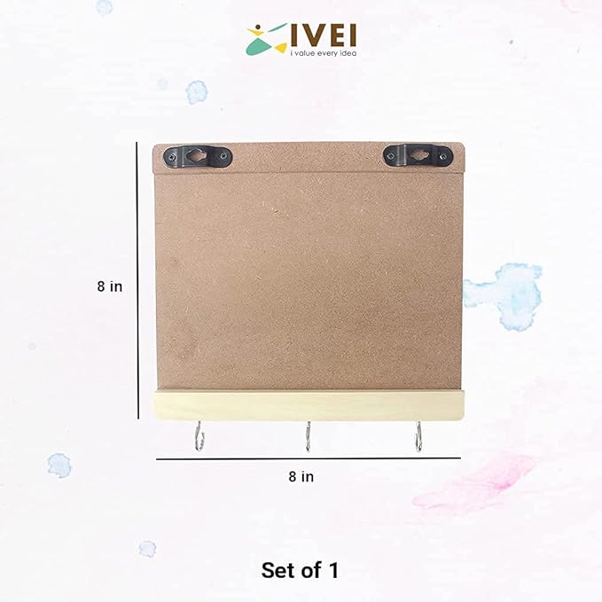 IVEI MDF DIY Blank Key Holder Base Wood Sheet Craft - MDF Plain Wooden Rectangular Key Holder Cutouts with 3 Hooks (Brown)