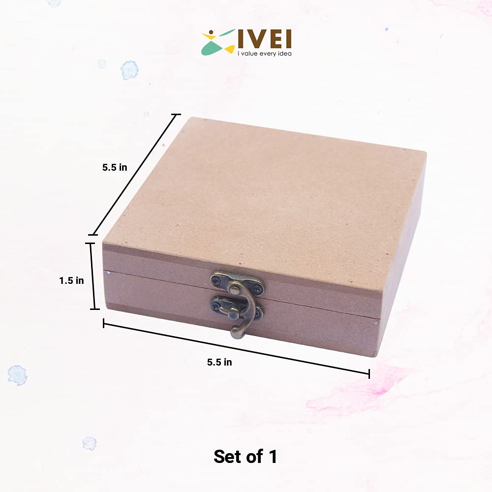 IVEI DIY MDF Box Craft - Plain MDF Wood Blank Square Box for Painting, Wooden Sheet Craft, Decoupage, Resin Art Work & Decoration (Box Dimensions - 5.5 in X 5.5 in X 1.5 in)