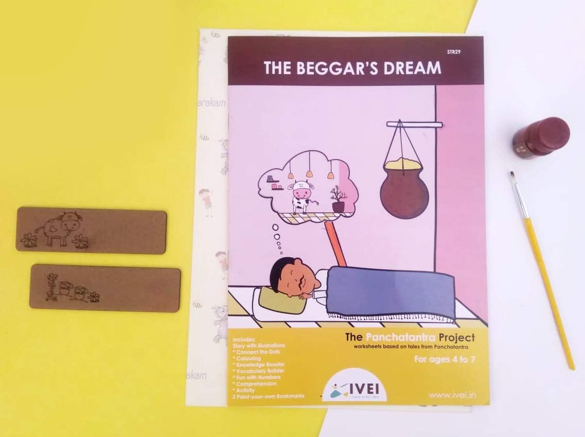 IVEI Panchatantra Story Kids Learning Book - Workbook and 2 DIY Bookmarks - Colouring Activity Worksheets - Creative Fun Activity and Education for Kids - The Beggar’s Dream (Age 4 to 7 Years)