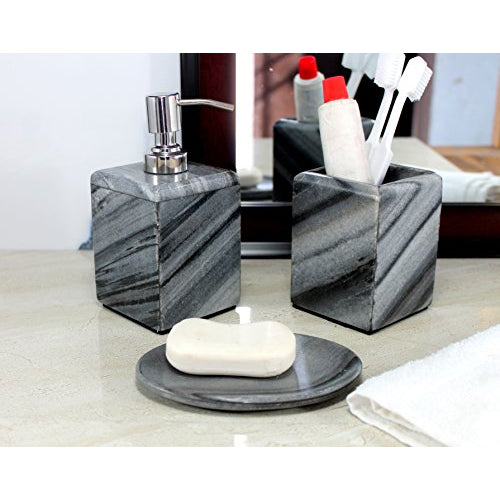 KLEO - Bathroom Accessory Set of 3 Made from Natural Stone - Bath Accessories Set Includes Soap / Lotion Dispenser, Toothbrush Holder, Soap Dish- Grey & White