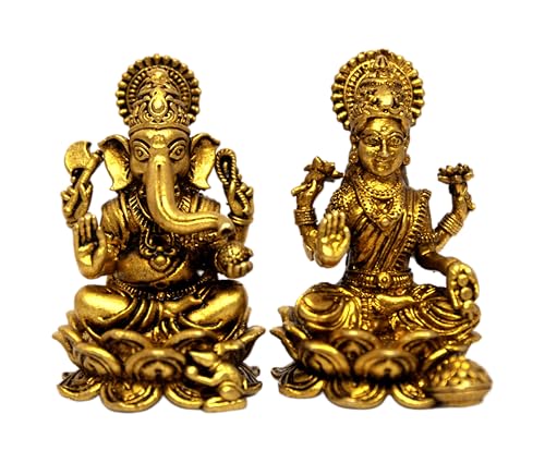 Esplanade Small Superfine Brass Laxmi Ganesh Idol Set – 5 cm Miniature Intricate Brass Figurines Murti for Diwali Pooja Home Temple