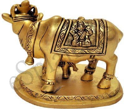 eSplanade Brass Holy Kamdhenu Cow and Calf Sculpture | Holy Cow Brass Idol Beautiful Lucky (Carved Cow)