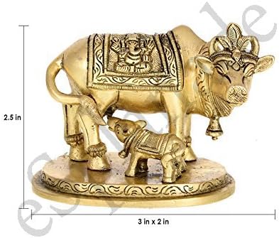 eSplanade Brass Holy Kamdhenu Cow and Calf Sculpture | Holy Cow Brass Idol Beautiful Lucky (Carved Cow)