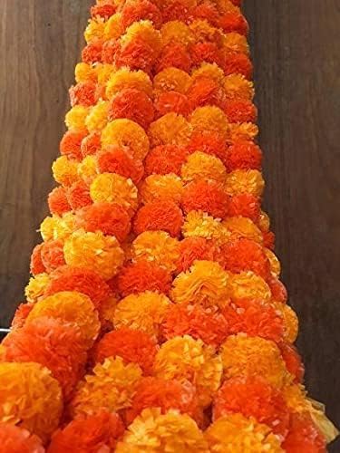 ESPLANADE Artificial Marigold Flower Garlands for Home Decor - Pack of 5 Strings - Mango Orange Colour - 4 to 4.5 Feet Length