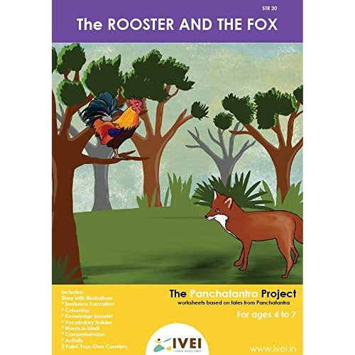 IVEI Panchatantra Kids Learning Book - Workbook and 2 DIY coasters of Panchatantra Story - Colouring Activity Worksheets - Creative Fun Activity and Education For Kids - The Rooster and the Fox
