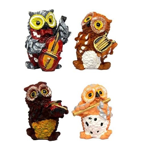 ESPLANADE Resin Owl Ullu Music Playing Decor Showpiece | Vintage Home Decorative | Goodluck Charm | Fengshui | Vastu - Set of 4