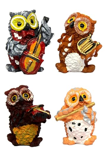 ESPLANADE Resin Owl Ullu Music Playing Decor Showpiece | Vintage Home Decorative | Goodluck Charm | Fengshui | Vastu - Set of 4