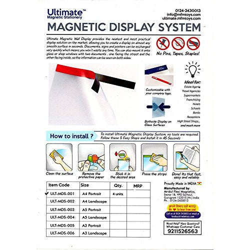 MFM TOYS Ultimate Easy Magnetic Wall Display : Pack of 4 (A5 Portrait) : 4 Colours Self Cling Magnetic A4 Sheet Holder for Wall/Glass Partition/Window