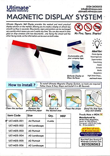 MFM TOYS Ultimate Easy Magnetic Wall Display : Pack of 4 (A4 Portrait) : 4 Colours Self Cling Magnetic A4 Sheet Holder for Wall/Glass Partition/Window