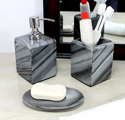 KLEO - Bathroom Accessory Set of 3 Made from Natural Stone - Bath Accessories Set Includes Soap / Lotion Dispenser, Toothbrush Holder, Soap Dish - White