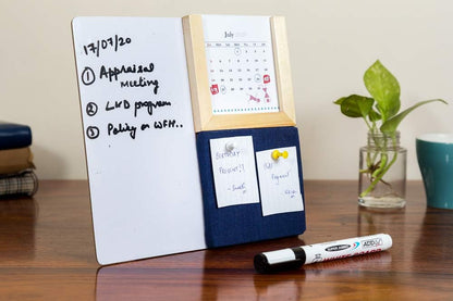 IVEI Warli Desk Calendar with Whiteboard, Pin Board & Pen Holder - Table Top Calendar Set - All-in-one Calendar Desk Organizer - Innovative gift for Office Desk Decor, School, Home (Dark Blue)