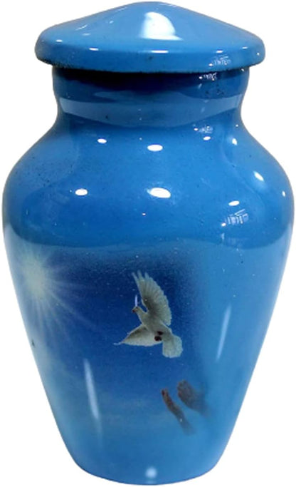 eSplanade Metal Mini Cremation Urn Keepsake Memorial Jar Pot Container |Small Urn for Funeral Ashes Burial | White Pigeon Printed Keepsake | Blue - 3" Inches