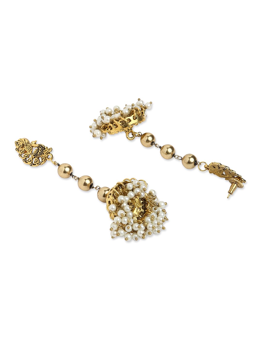 Binnis wardrobe Dual-Toned textured long Jhumka with hanging pearl handcrafted earrings