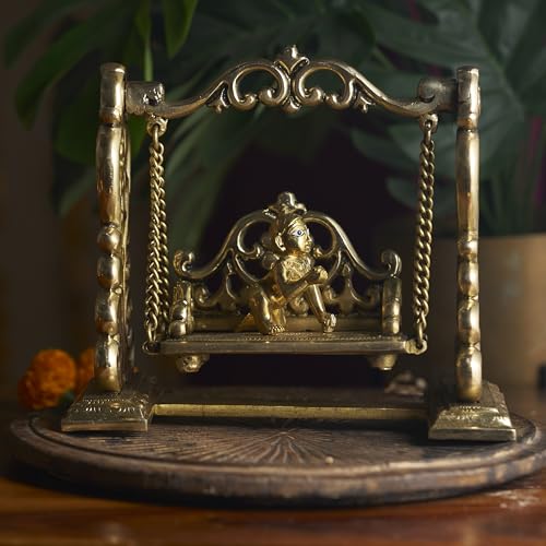 Esplanade Brass Ladoo Gopal Swing Jhula – 9" Handcrafted Krishna Jhoola Statue for God Idol, Mandir Pooja Décor, Janmashtami Showpiece