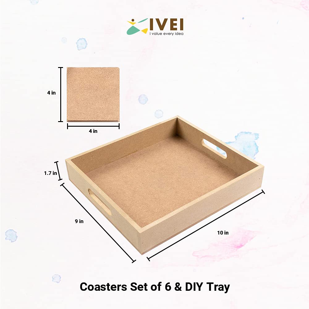 IVEI DIY Square MDF Coasters Set of 6 & DIY Tray (10in X 9in) -MDF Plain Wooden Coasters Square Shaped Blank Cutouts for Painting Wood Sheet Craft, Decoupage, Resin Art Work & Decoration