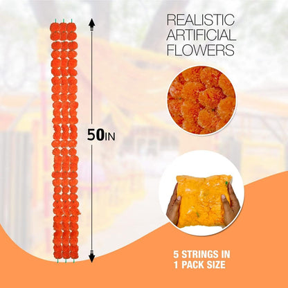 eSplanade Artificial Marigold Flower Garlands for Home Decor - Pack of 5 Strings - Orange colour - 4 to 4.5 Feet Length