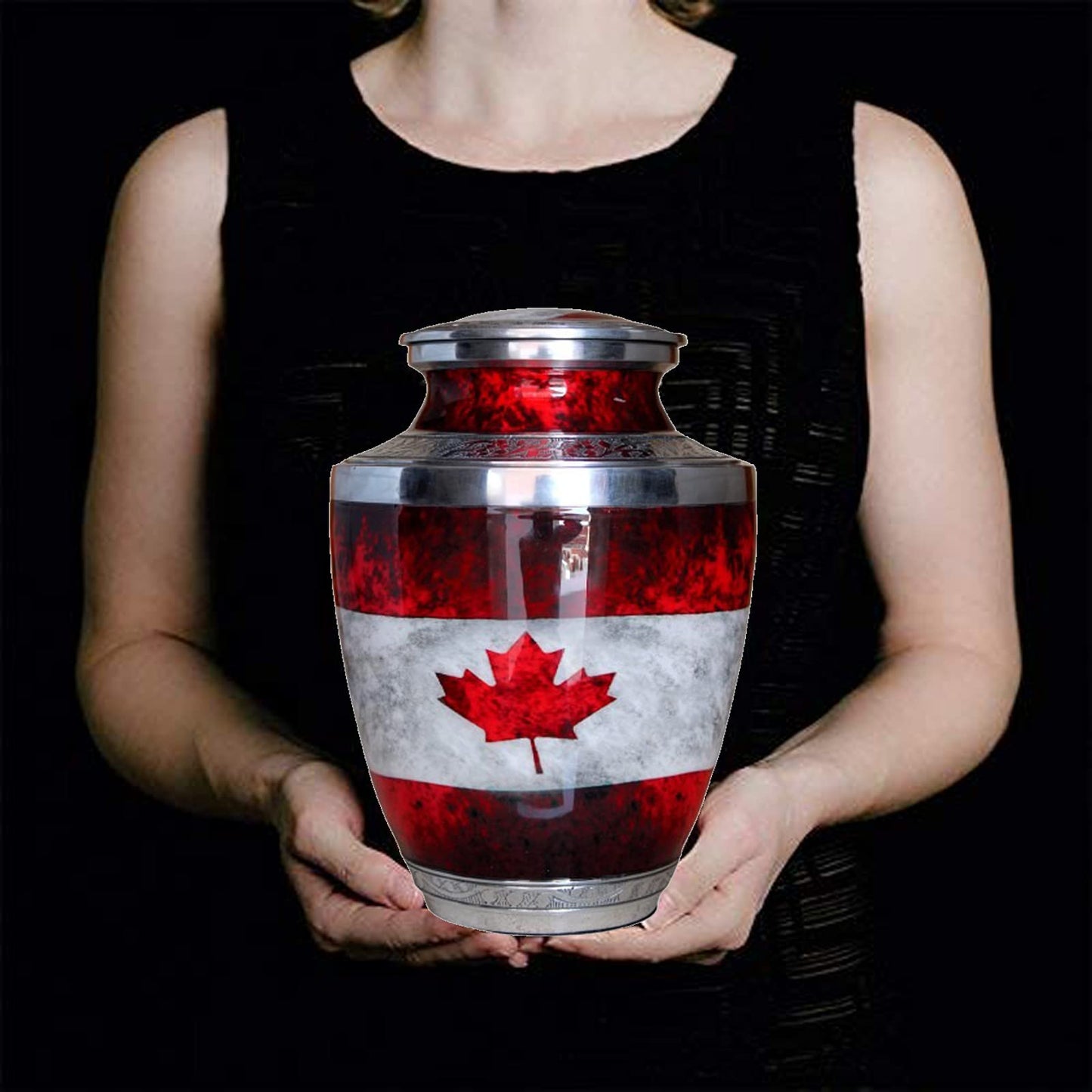 eSplanade Metal Cremation Urn Memorial Jar Pot Container | Full Size Urn for Funeral Ashes Burial | Maple Leaf Print | White-Red - 10" Inches