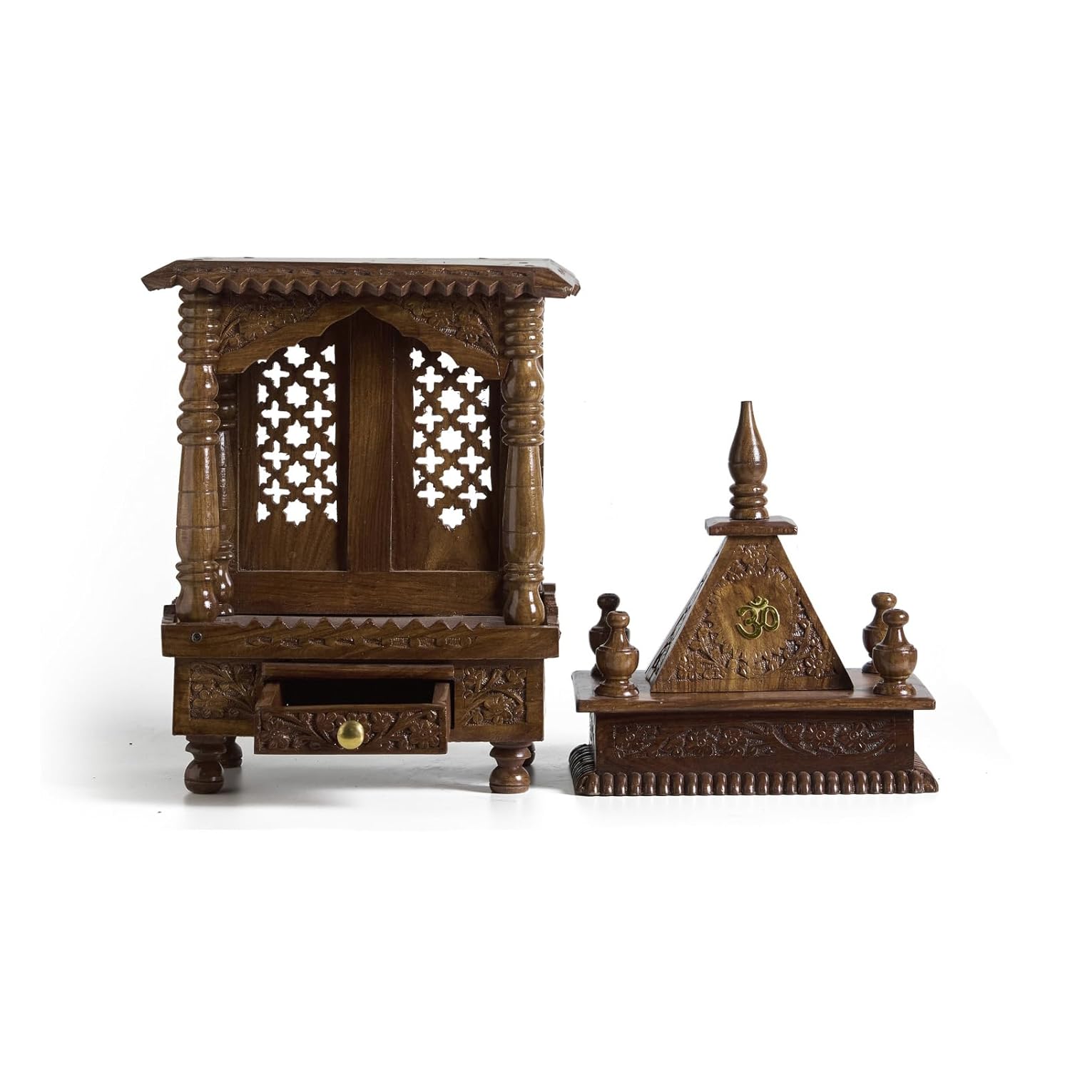 ESPLANADE Beautiful Wooden Mandir for Home, Engraved Temple for Home with Storage Drawer, Puja Mandir Stand, Pooja Items for Pooja Room,Temple for Office, Brown