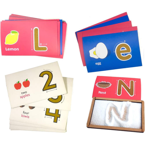 MFM TOYS Montessori Sandpaper Letters Tactile English Flashcards Combo (English Uppercase + Lowercase + Numerals + Sand Tray) | Most Comprehensive Early Learning Flashcards