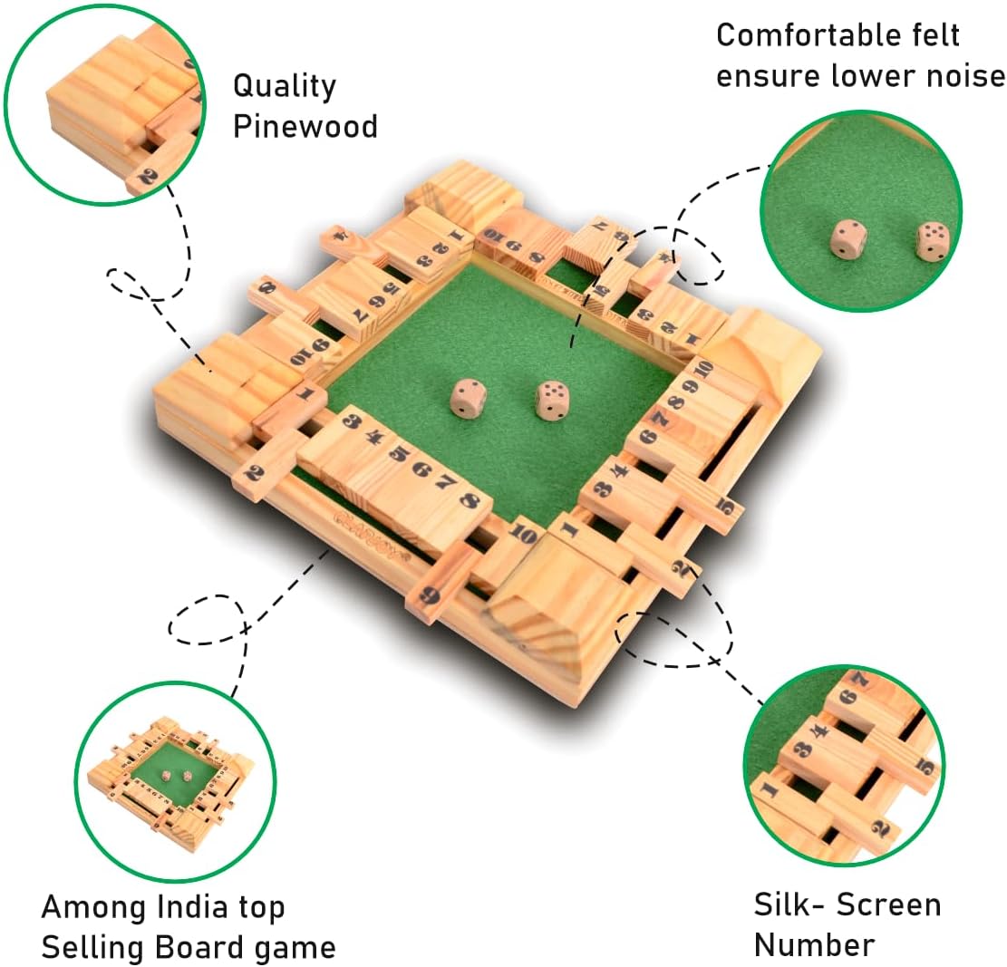 Clapjoy Shut The Box Dice Game for Kids & Adults [4 Sided Large Wooden Board Game, 2 Dice + Repeat Scorecard Usage] Educational Math Learning Toy, Table Top Game for The Party Family