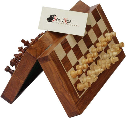 Magnetic Chess Set - 10" Folding Board - Premium Wood Staunton Chess with Built in Storage