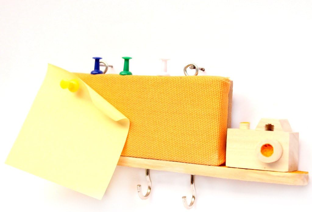 IVEI Utility Key Holder with a Small pin Board and a Handcrafted Wooden Camera - Yellow, Blue