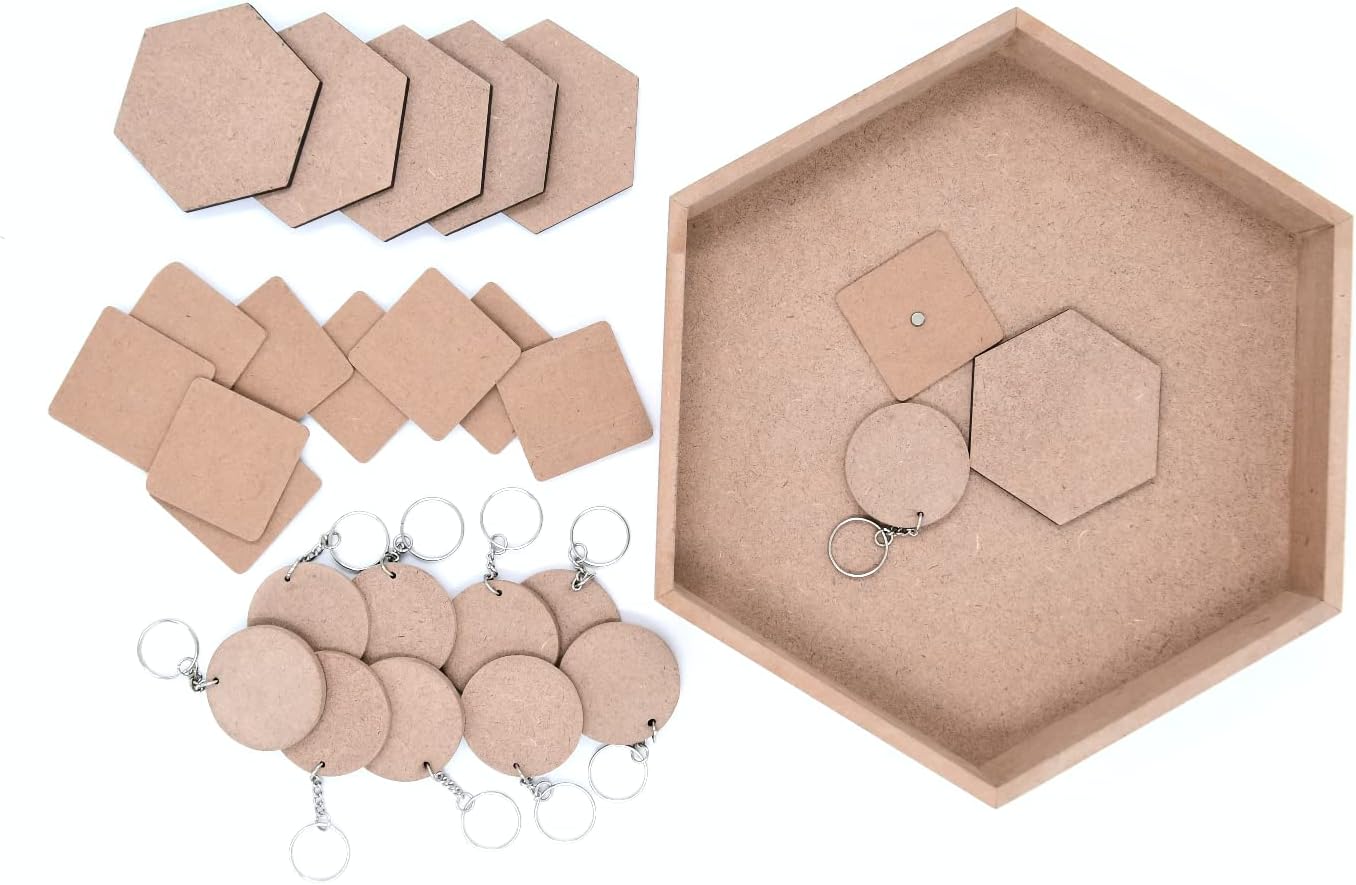 IVEI DIY MDF Hexagon Tray Pack with 6 Coasters, 10 Square Magnets, 10 Circle Keychain