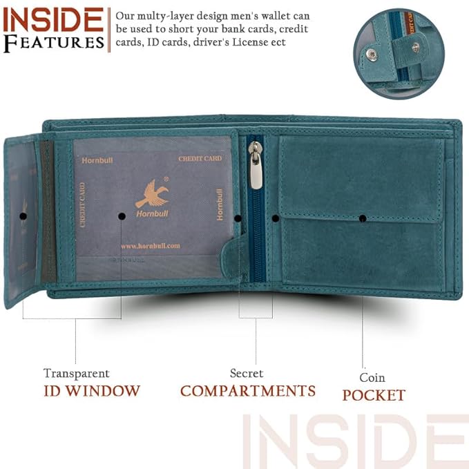 HORNBULL Vegas Aqua Vintage Blue RFID Blocking Hunter Leather Wallet for Men | Wallets Men Leather | Mens Wallet