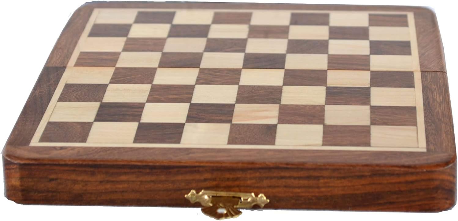 Handmade Wooden Rosewood Foldable Magnetic Chess Game Board with Storage Slots, 7 Inch