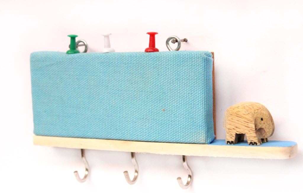 IVEI Utility Key Holder with a Small pin Board and a Handcrafted Wooden Elephant - Blue