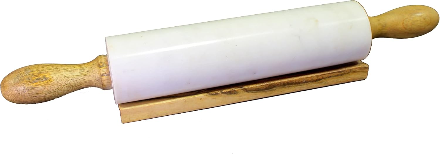 KLEO Natural White Marble 18 inches Rolling Pin with Wooden Handles and Cradle