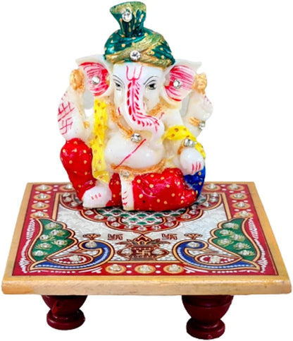 eSplanade Marble Chowki with Ganesh Ganesha Ganpati Murti Idol Statue Sculpture | Pooja Idols | Home Decor - Small Size