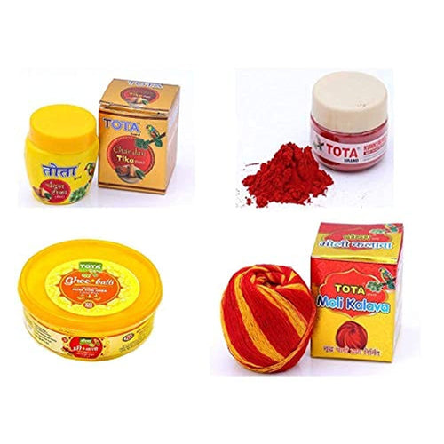 TOTA Pooja Set of Ghee Diya Batti | Roli Kumkum | Chandan Tilak Paste |Moli Kalawa Puja Items for Home (Total weight - 300 Gram) - Pack of 4