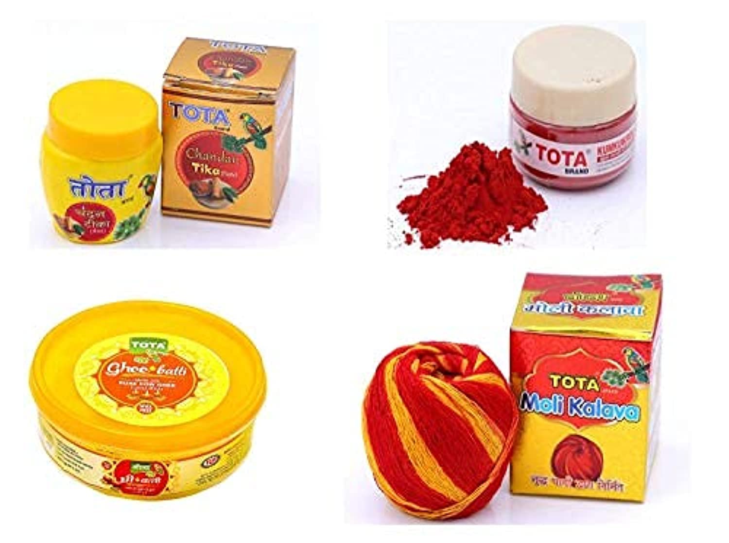 TOTA Pooja Set of Ghee Diya Batti | Roli Kumkum | Chandan Tilak Paste |Moli Kalawa Puja Items for Home (Total weight - 300 Gram) - Pack of 4