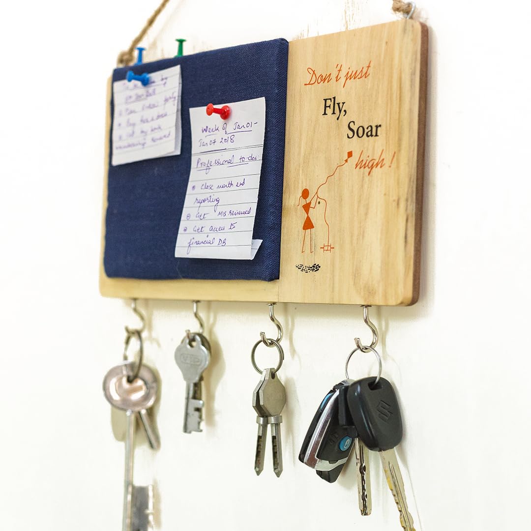 ESPLANADE Warli Key Holder with Pin Board - Handcrafted Wooden Wall Organizer, Traditional Decorative Pin-up Board with Inspirational Quote, Includes 4 Push Pins - 10x7.25in, Handmade by Artisans