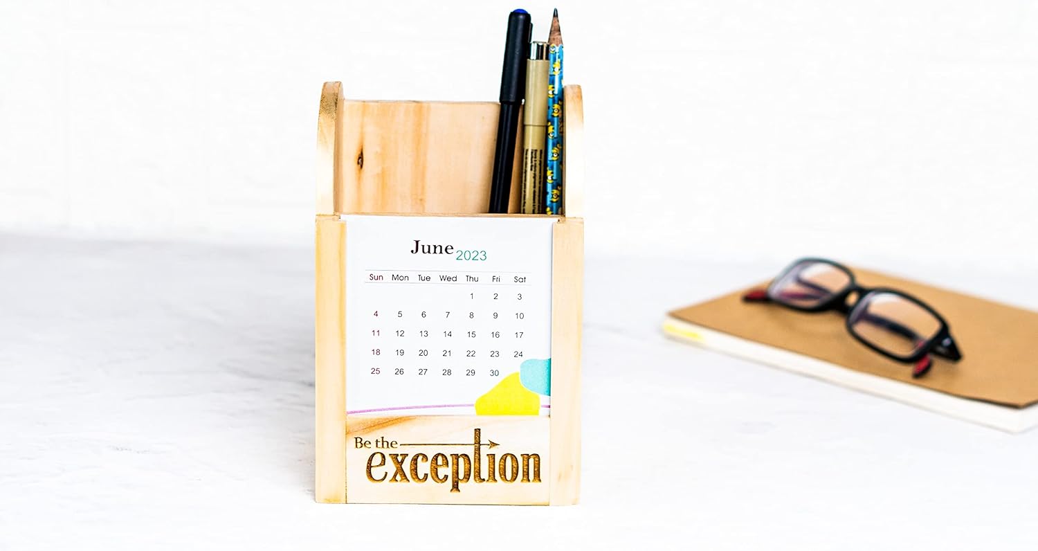 IVEI Wooden Pen Stand with Paper Calendar - Desk Organizer - Utility Desk Calendar - Wooden Calendar Set for Desk Decor, Study Room - Calendar with Pen Stand for Office, School, Home