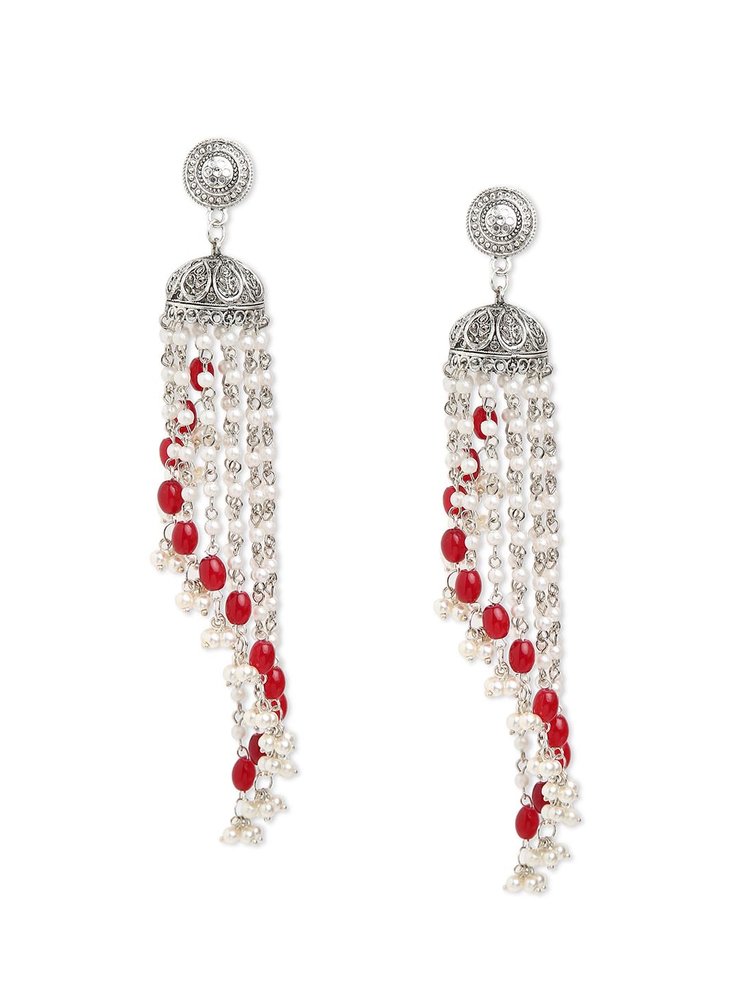 Binnis wardrobe Dual-Toned textured long jhumka with hanging pearl handcrafted earrings