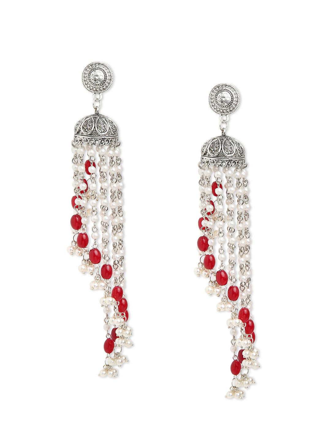 Binnis wardrobe Dual-Toned textured long Jhumka with hanging pearl handcrafted earrings