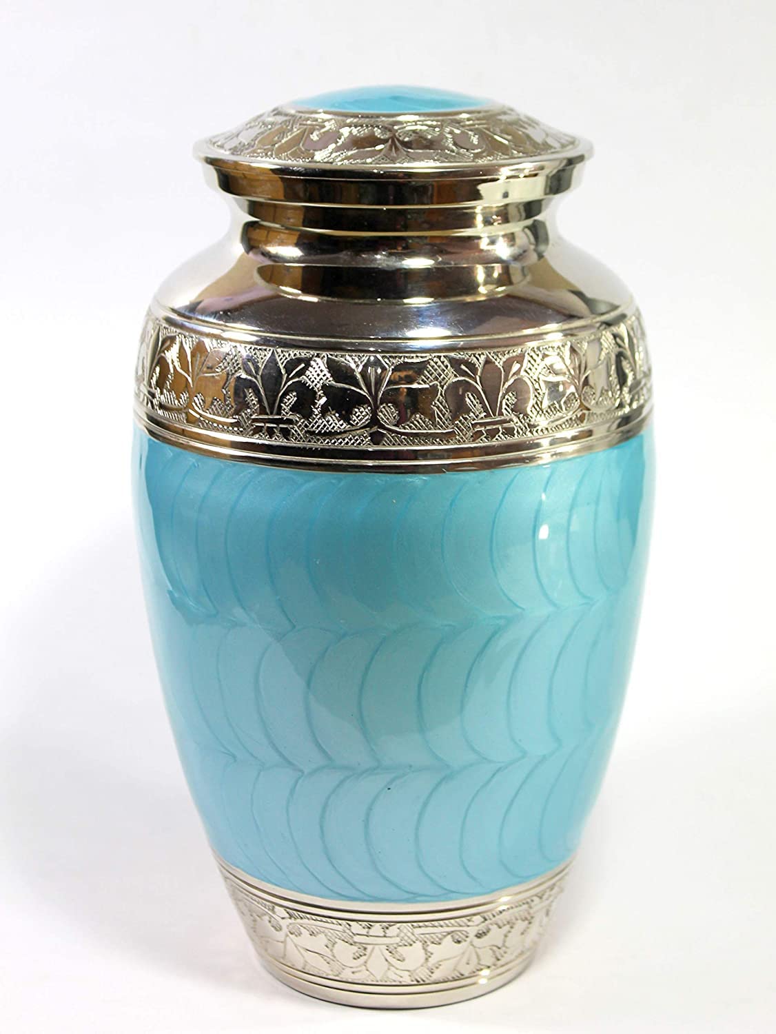 eSplanade Brass Cremation Urn Memorial Jar Pot Container | Full Size Urn for Funeral Ashes Burial | Meenakari Design Metal Urns | Blue - 10" Inches