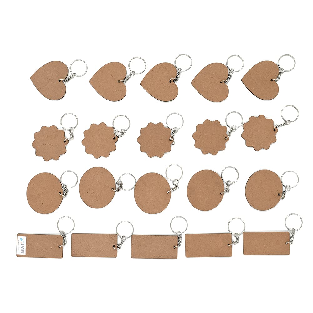 IVEI DIY MDF Key Chains Wood Sheet Craft - MDF Plain Square Shaped Key Chains for Painting Wooden Sheet Craft - Set of 20-2 in X 2 in for Decoupage MDF Plains, Resin Artwork & Decoration (Multi-shaped)