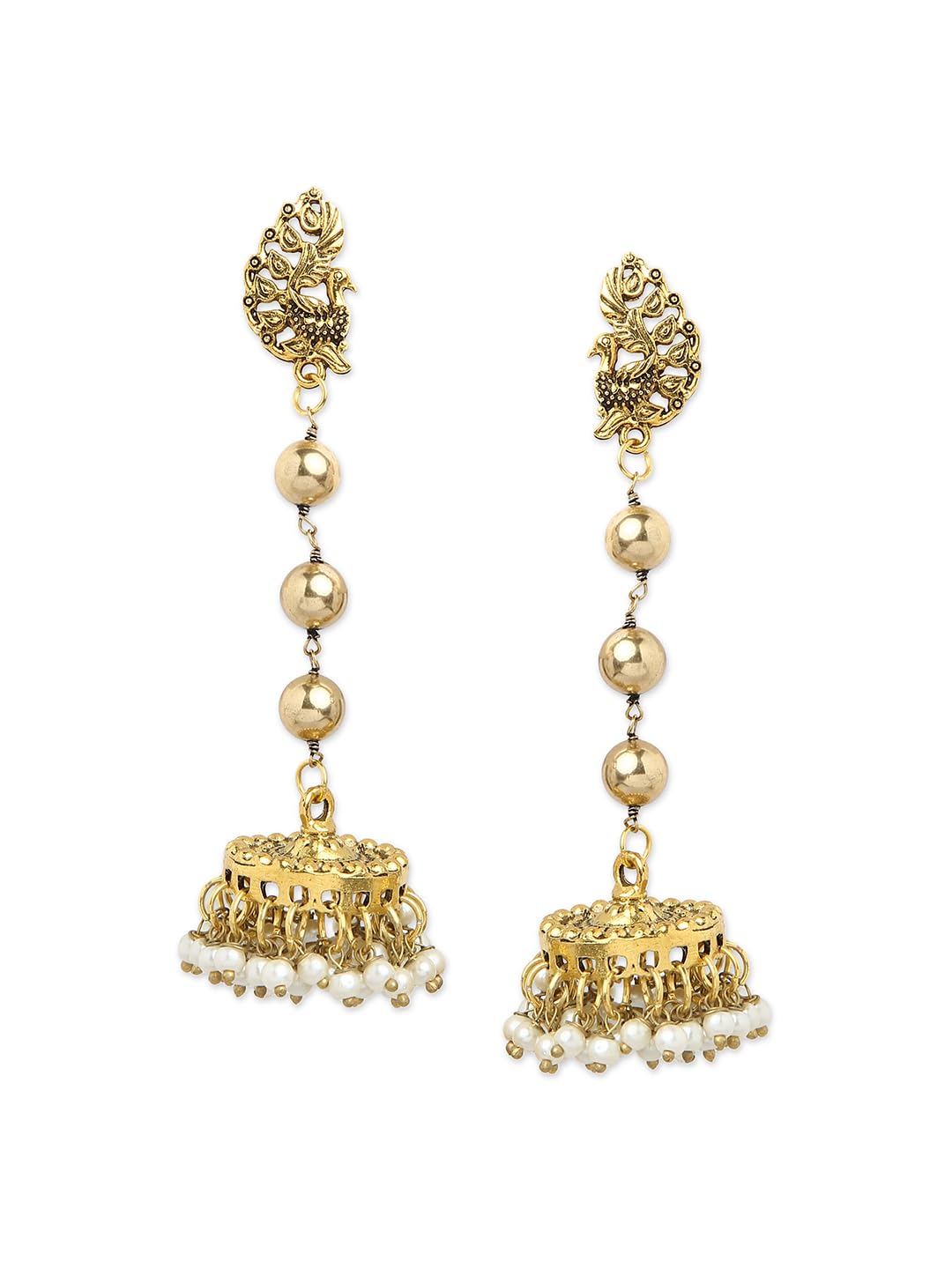 Binnis wardrobe Dual-Toned textured long Jhumka with hanging pearl handcrafted earrings
