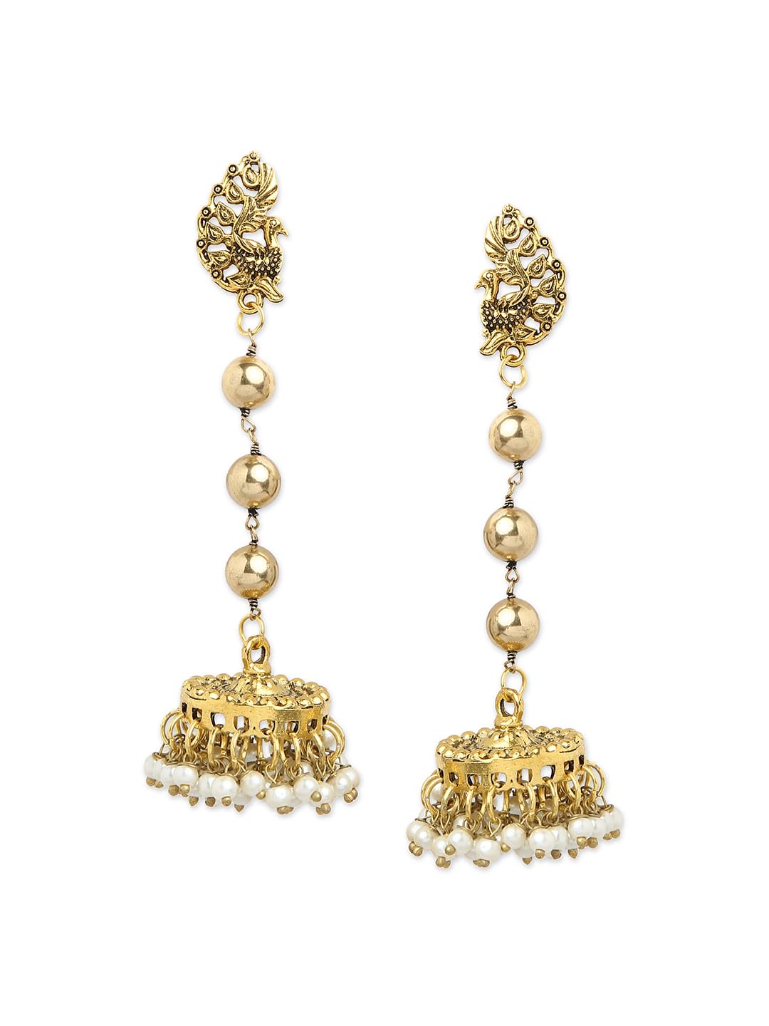 Binnis wardrobe Dual-Toned textured long jhumka with hanging pearl handcrafted earrings