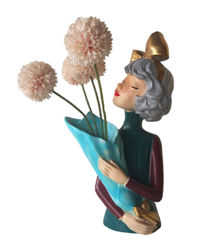 eSplanade Resin Lady Girl with Flower Vase Pot Showpiece Statue Sculpture Figurine - Multicolor - 14" Inches